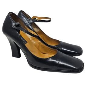 Vintage 90s 9 Square Toe Black Leather Chunky Mary Jane Heel Goth Whimsygoth